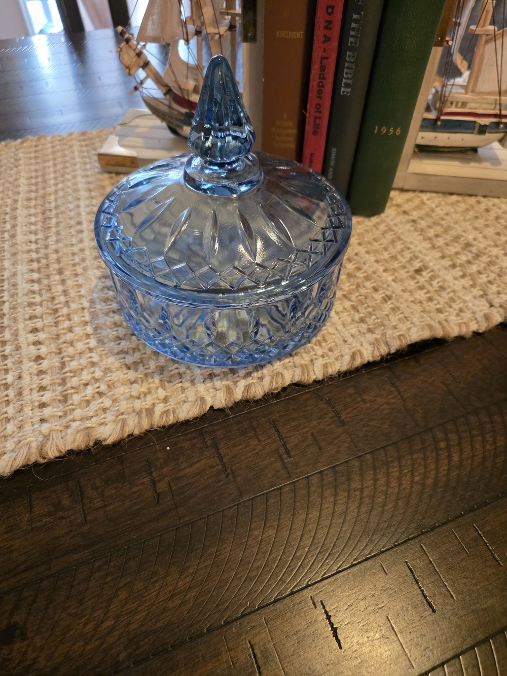 Blue Pressed Glass Trinket Jar with Lid